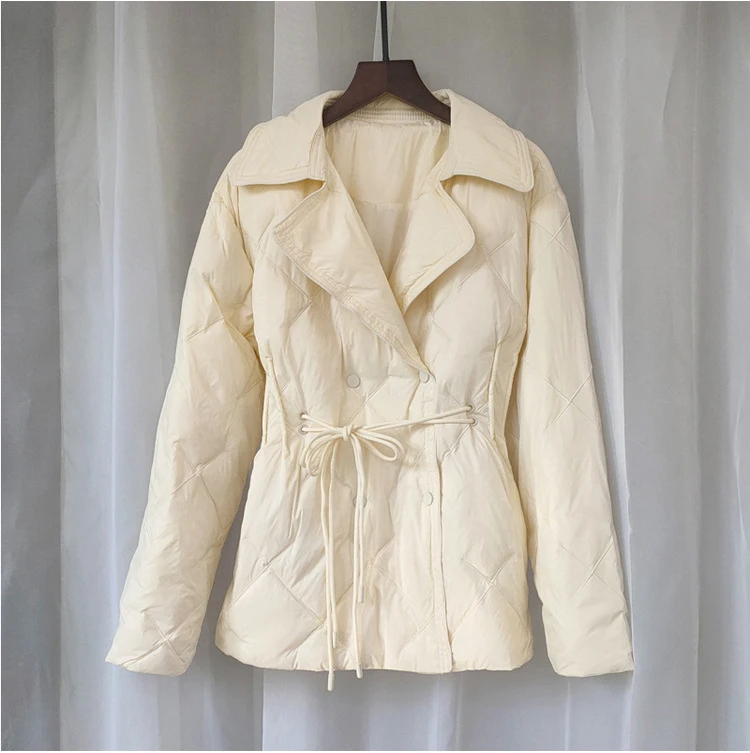 Schinteon Women White Duck Down Double Breasted Jacket Argyle Autumn Winter Outwear Office Lady Turn-down Collar Slim Coat 2026
