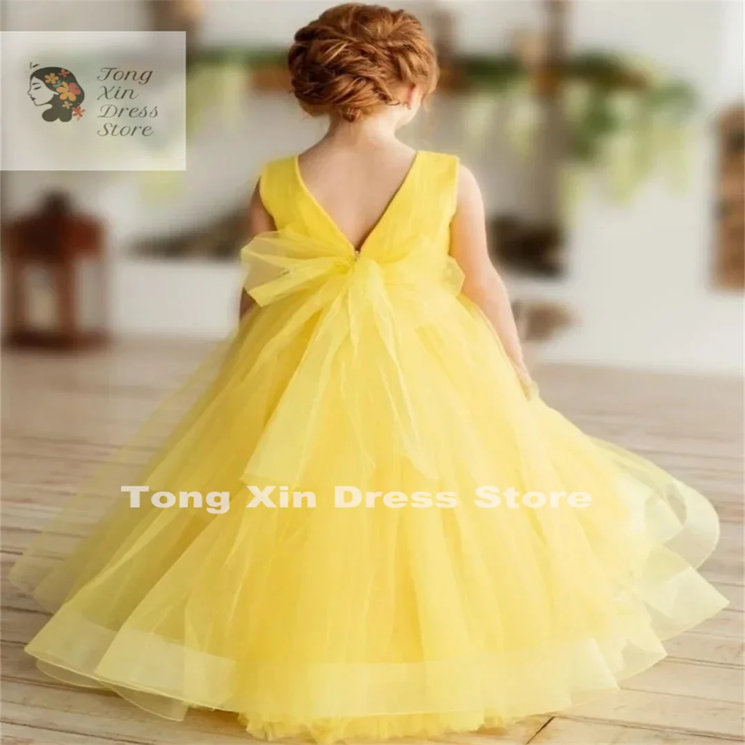 Flower Girl Dresses Yellow Tulle Puffy Solid With Tailing Sleeveless For Wedding Birthday Party Banquet Princess Gowns