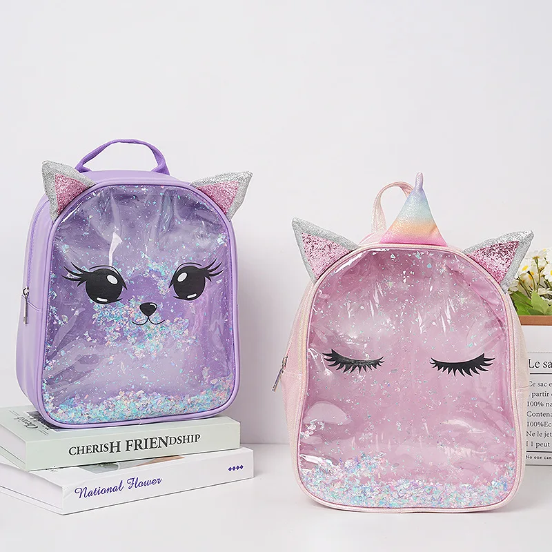 Mochila de gato dos desenhos animados para crianças, Mochilas Unicórnio Transparente para Menino, Bolsas escolares bonitos para menina, mãe e filhos