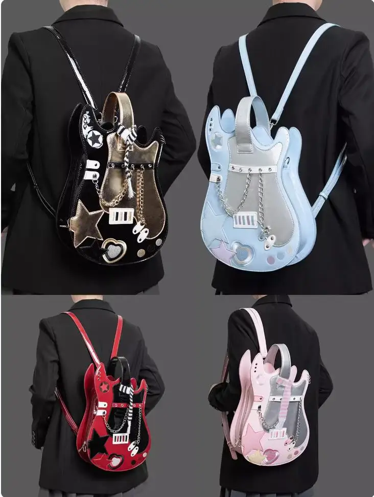 Original Silver Pink Guitar Shape Bag Creative Contrasting Cute Scarf Backpack Large Capacity Crossbody Bag Punk Shoulder Bag