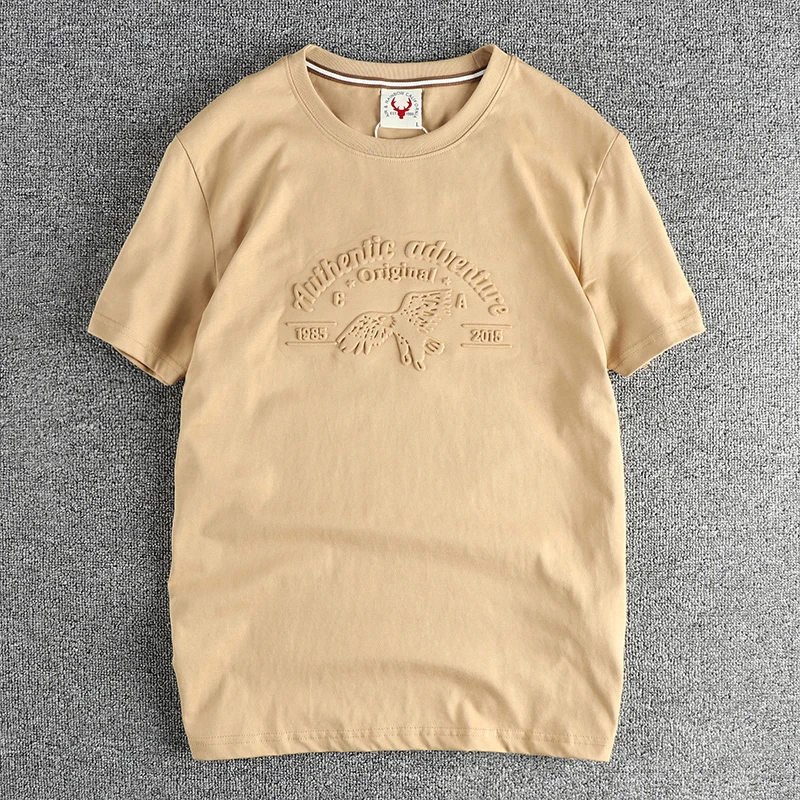 2024 Summer New American Retro Short Sleeve O-neck 3D Letter Eagle Printed T-shirt Men\'s Simple 100% Cotton Washed Casual Tops