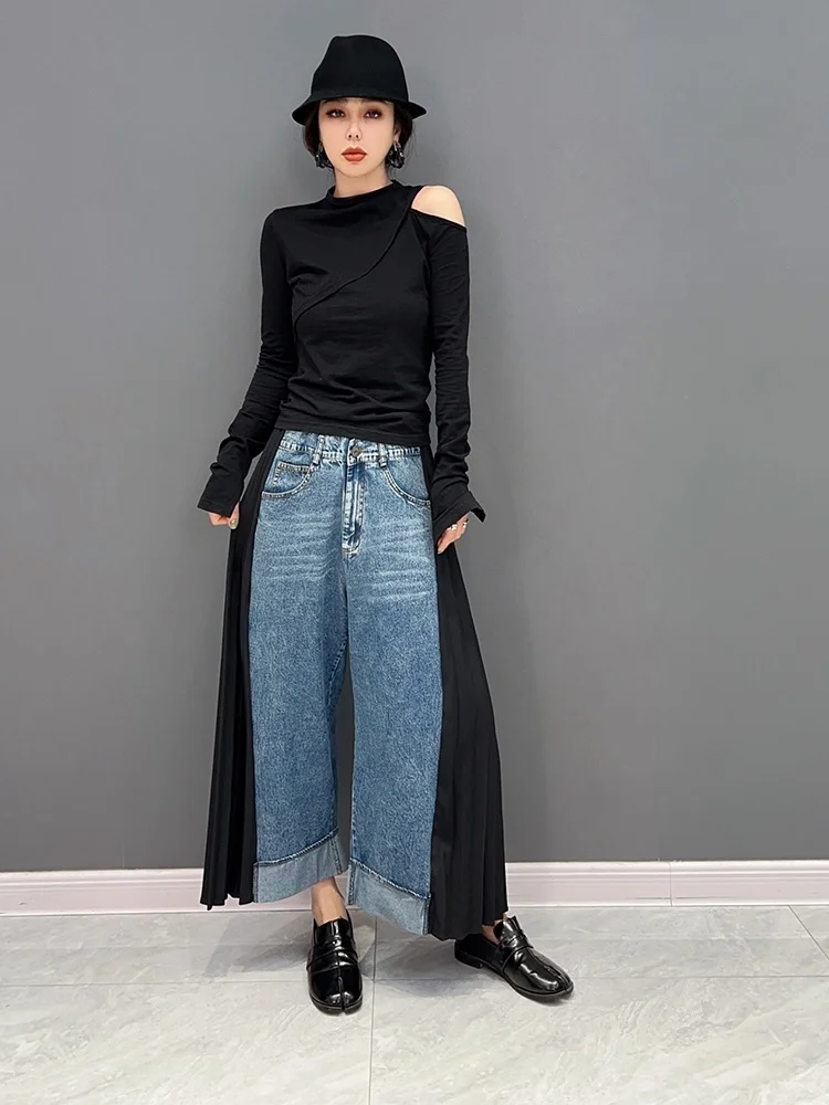 Elastic Waist 2024 Summer Women Denim Splicing Pleats Wide Leg Pants Loose Personality Retro Color Blocking Trousers LHX3113