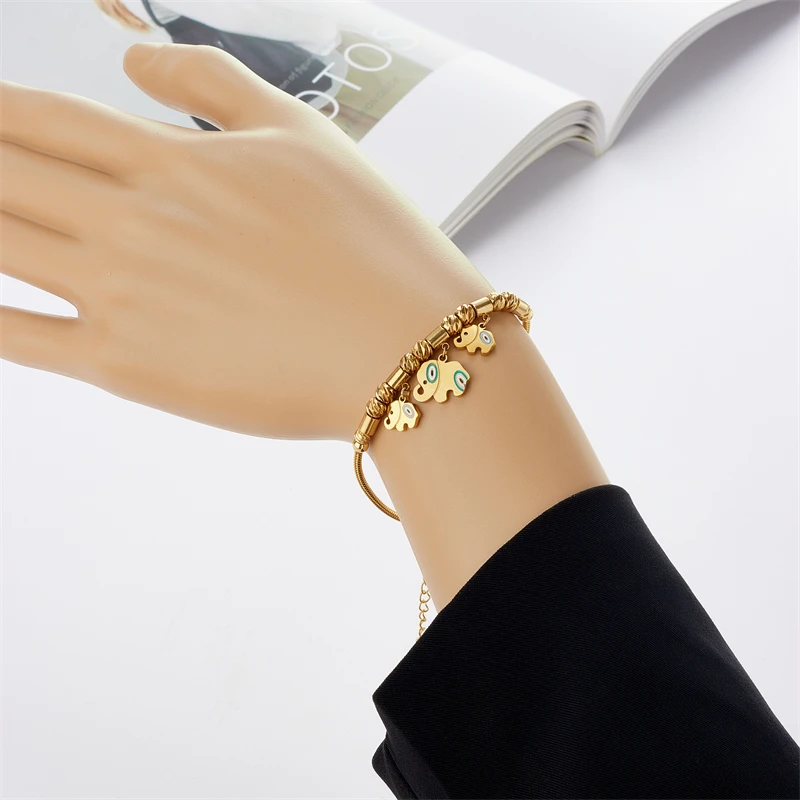 316L Stainless Steel New Fashion Fine Jewelry Carved Beads Spray Paint Hanging 3 Elephants Charm Thick Chain Bracelets For Women
