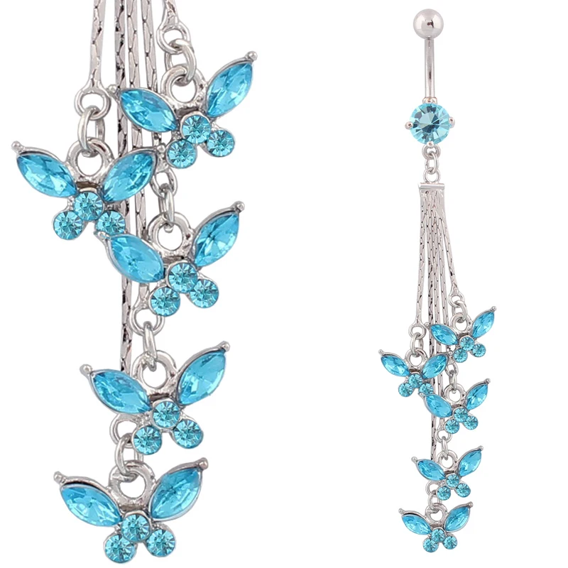 Crystal Tassel Butterfly Navel Bar Body Piercing Belly Button Ring  Fashion Navel Ring 14G 316L Surgical Steel Bar Nickel-free