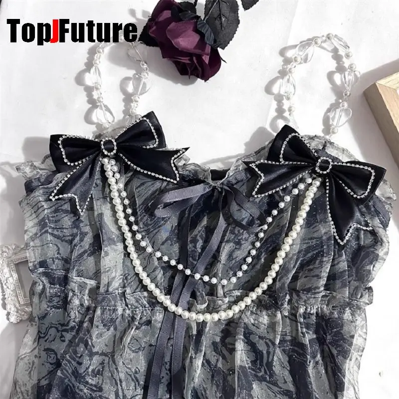 

Y2K girl Harajuku Gothic Lolita Hair clips women ribbon Shiny bow pearl chain Ruffle brooch headdress Hairgrips ita bag Pendant