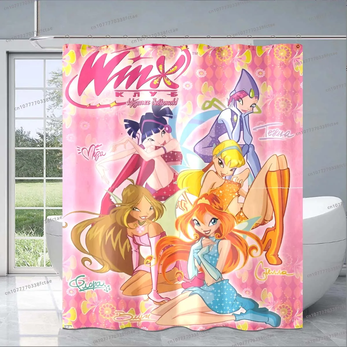 ม่านอาบน้ำอะนิเมะ Winx สีชมพูลายภาพยนตร์อนิเมะแบบคลาสสิกม่านห้องน้ำรูปการ์ตูนสำหรับเด็กตกแต่งแฟชั่นของขวัญสำหรับเด็ก