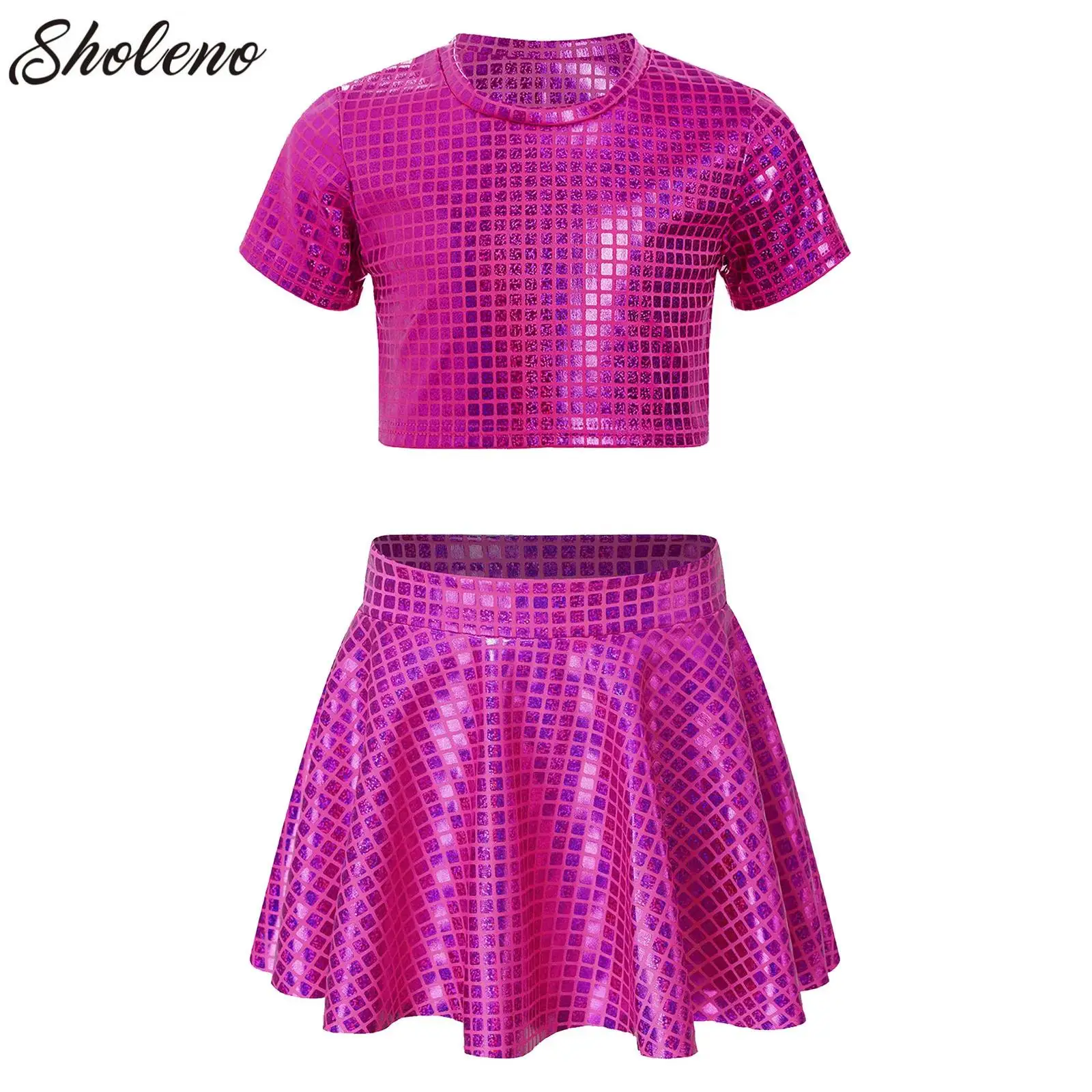 

Kids Girls 2Pcs Jazz Dance Outfits Metallic Plaid Hip Hop Crop Top with Sequins Ruffled Skirt Cheerleading Performance Costume