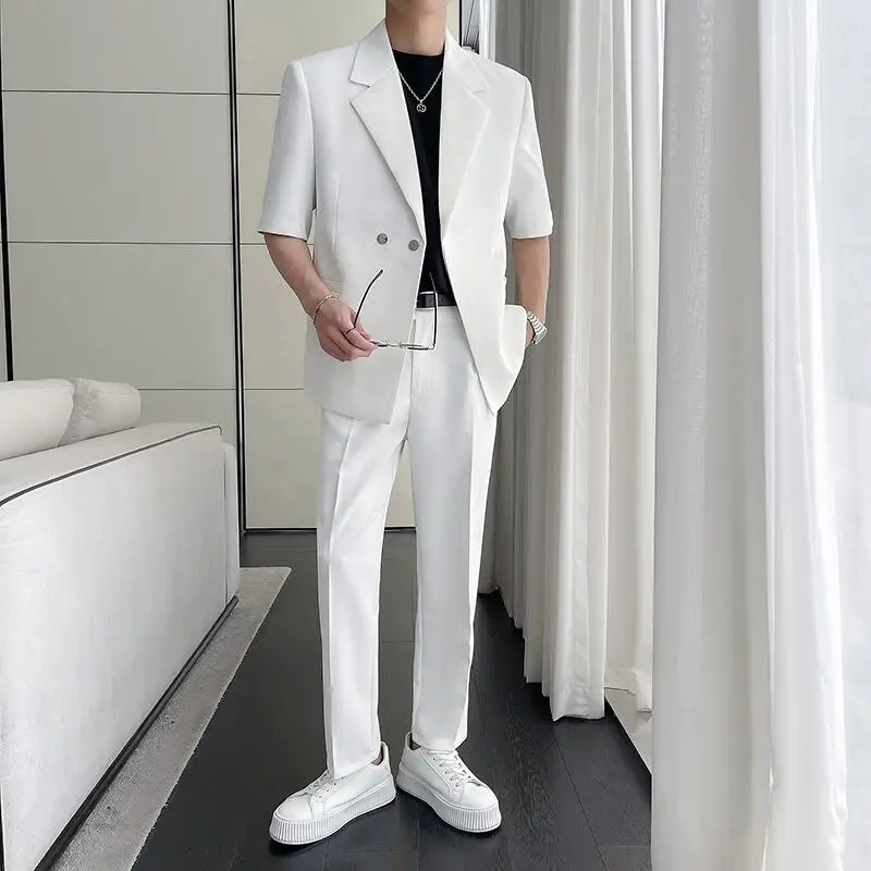 (Jacket+Pant) Summer Men\'s Loose Half Sleeve Suits 2 Piece Fashion Wedding Prom Casual Groom Tuxedo Blazer Suit Set / Gift Belt