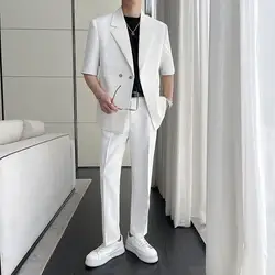 (Jacket+Pant) Summer Men's Loose Half Sleeve Suits 2 Piece Fashion Wedding Prom Casual Groom Tuxedo Blazer Suit Set / Gift Belt