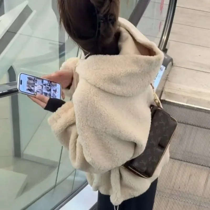 

Outerwear Zipper Drawstring Hooded Faux Fur Coat for Women's Autumn and Winter Outcoat Season New Fleece Warm Top Thick Coat