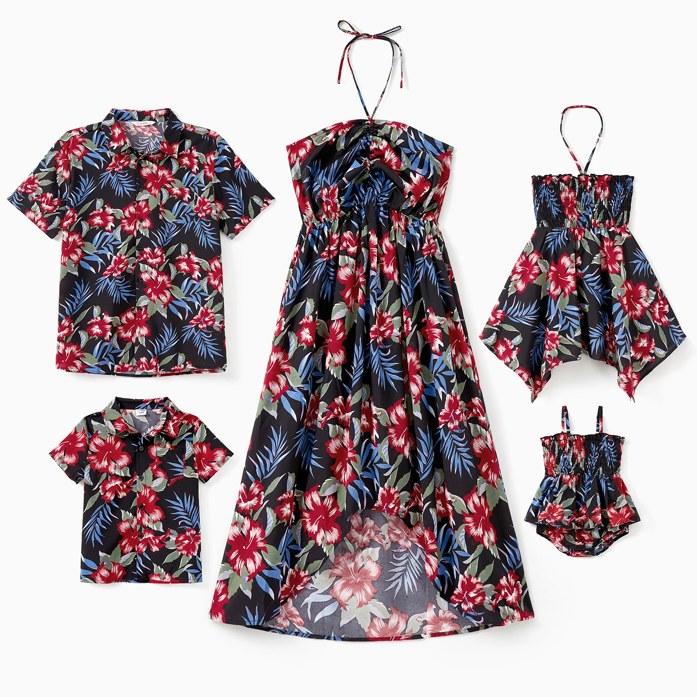 PatPat Family Matching Floral Beach Shirt and Drawstring Front Shirred Back Halter Neck High-Low Dress Sets