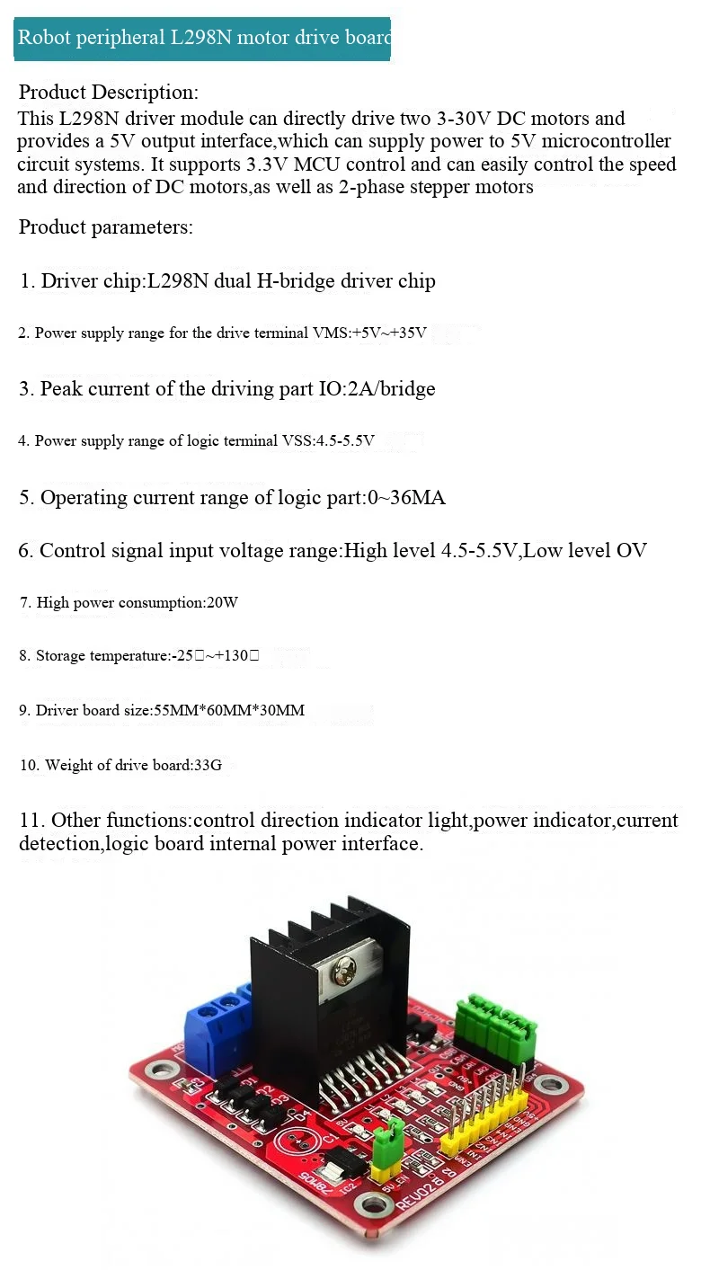 L298N-Motorsteuerplatine für Gleichstrom-Schrittmotoren, Zubehör für intelligente Autos und Roboter. – Detail 4
