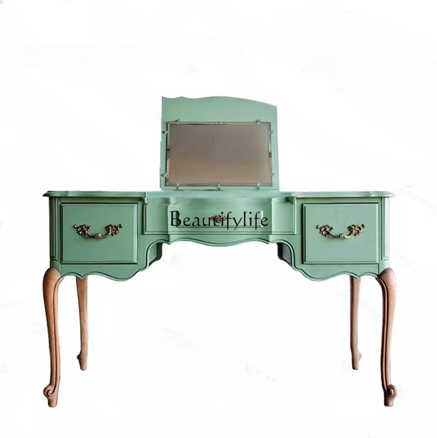 

French retro solid wood dresser, old contrasting colors, flip cover makeup table, simple engraving