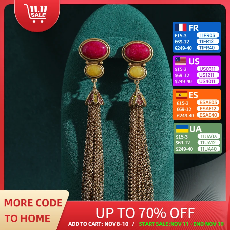 

Vintage Red Stone Long Hanging Earrings Tassel Chain Woman Rhinestone Gold Color Retro Designer Luxury Quality Jewelry 2025