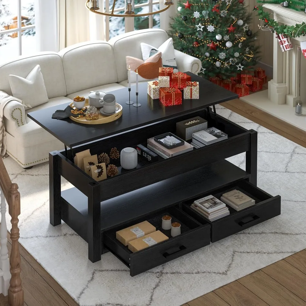 

41.7'' Lift Top Coffee Table with 2 Storage Drawer Hidden Compartment Open Storage Shelf for Living Room Folding Wood End Table