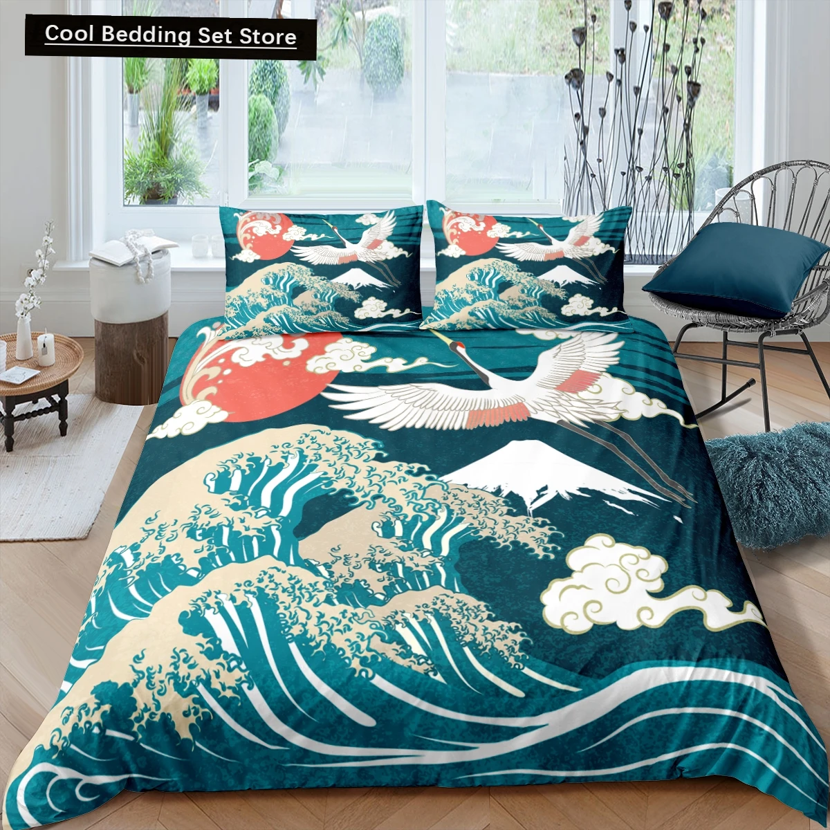 

Japanese Crane Duvet Cover King Queen Size Wave Flower Ukiyo-e Style Bedding Set Eastern Culture 2/3pcs Polyester Quilt Cover