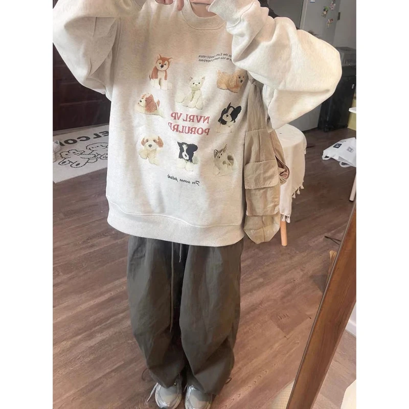 الرجعية الأمريكية الكرتون الكلب طباعة البلوز المرأة ربيع الخريف جولة جديدة Ne فضفاضة كسول Sle Jaet طويلة Sve Fce L...