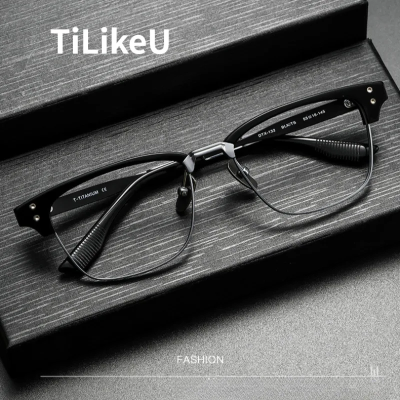 

Vintage Eyebrow Frame Handmade Acetate Titanium Eyeglasses Business Square Retro Prescription Glasses Frame Big Face for Men