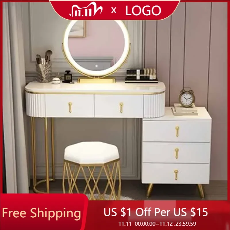 Gold Luxury Mobile Vanity Table Ornaments Nordic Led Light Modern Vanity Table White Perfume Meuble De Rangement Decorations