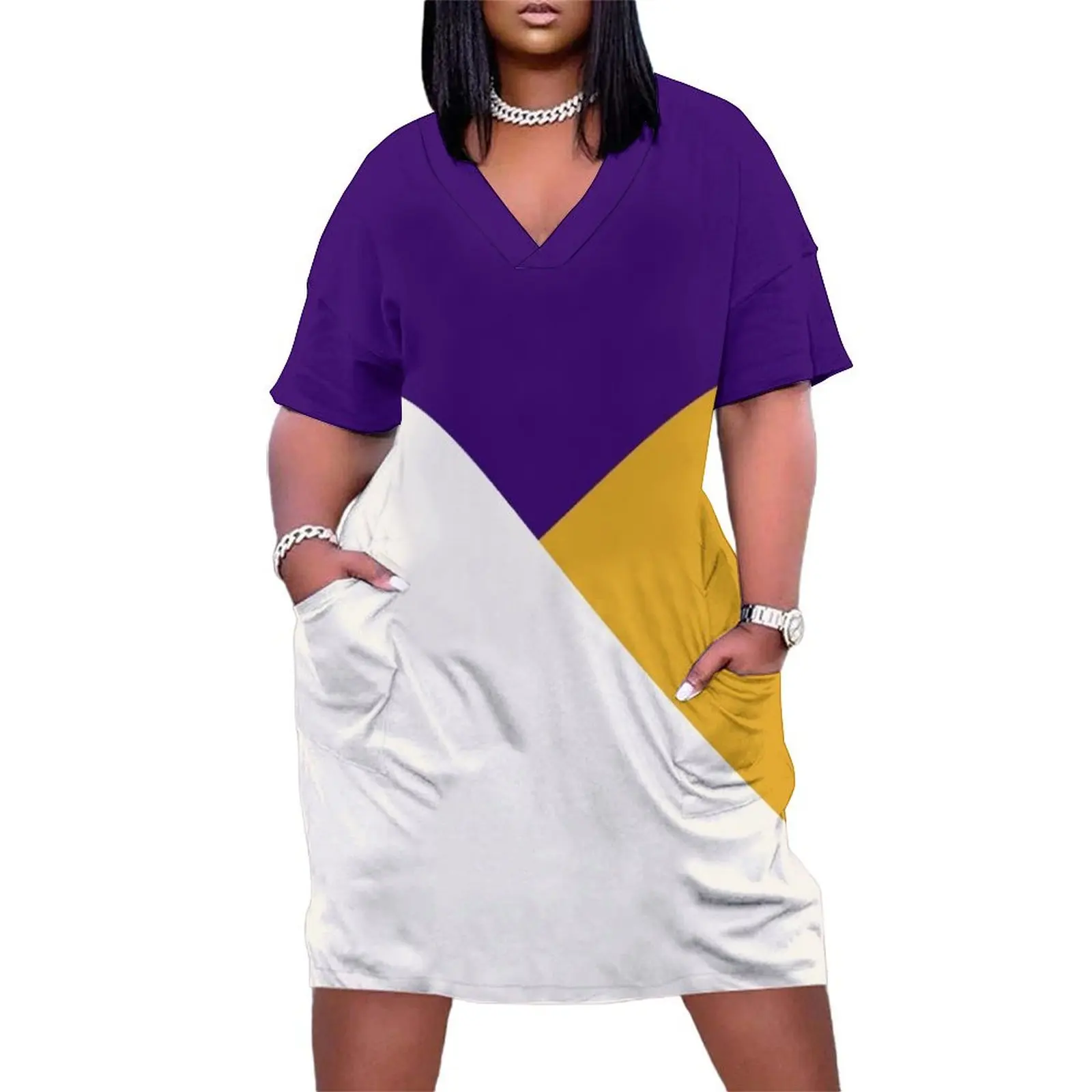 Tricolor Geometry Purple Yellow Loose Pocket Dress Woman fashion dress women summer 2024