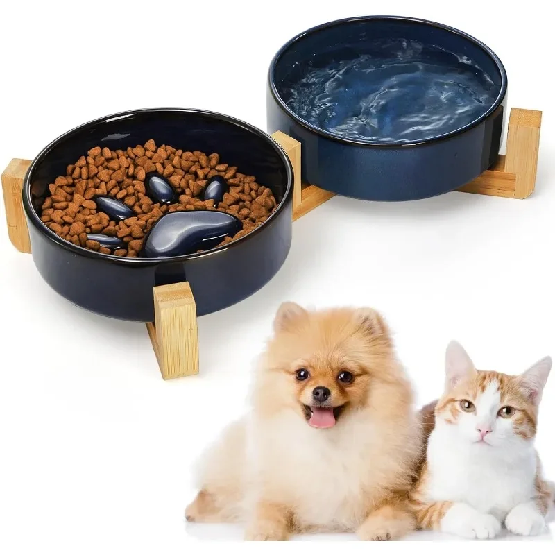 

Ceramic Pet Bowl Dish With Wood Stand No Spill Pet Ceramic Double Bowl For Dog Cat Water Slow Feeder For Small Dogs Pet bowl