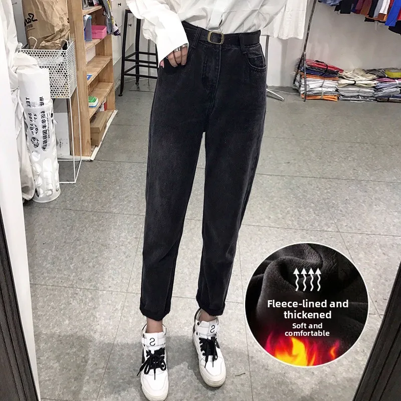 

plus Size Fleece Lined Thick Dad Jeans Women Winter New Loose Wide Leg Pants High Waist Deep Color Nine Points Jeans Denim Fa...