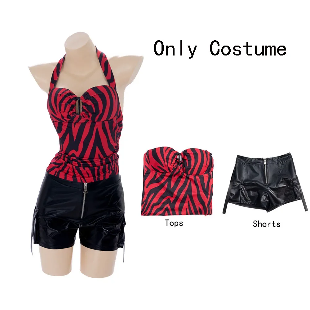 Costume de cosplay Obsession Nikki Bear 2026, perruque, chemise à rayures vertes, haut à bretelles à imprimé zèbre rouge, short, tenue d'Halloween pour couple
