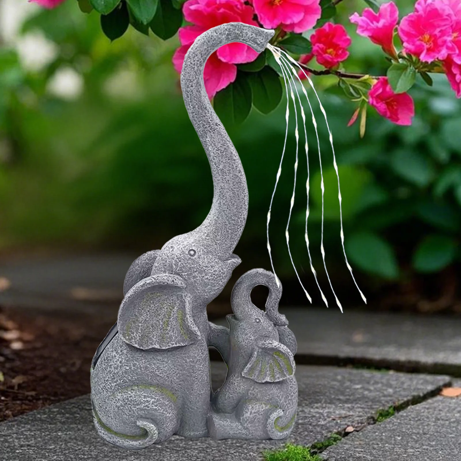 

Solar-powered resin ornament, mother and baby elephant water fountain with LED lights, garden decoration, outdoor statue.