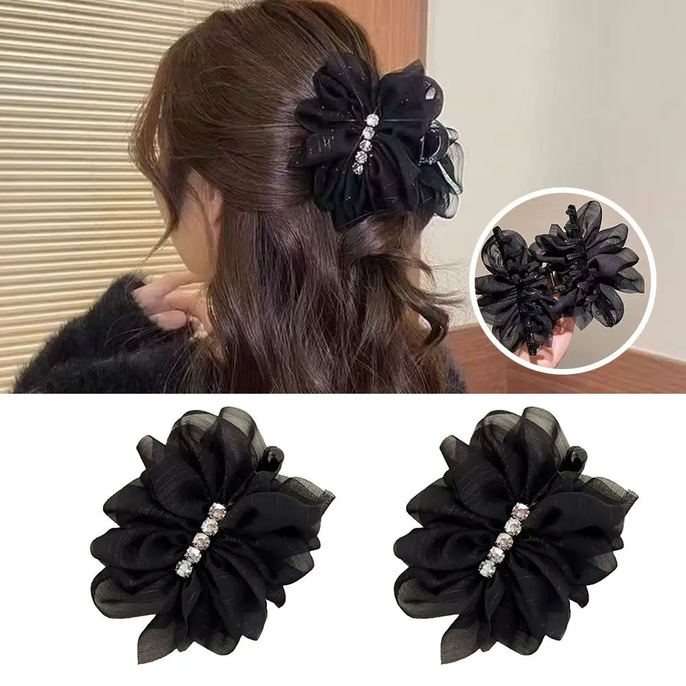 

Quality Material Hair Claw Mesh Design Pleated Bow Shark Clip Rhinestone Decoration Black Ponytail Hair Clip Hair Styling