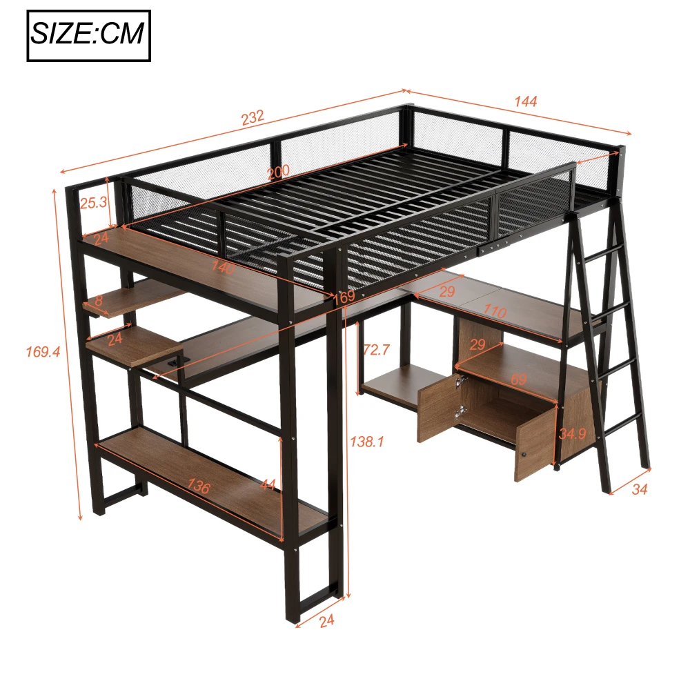 Lit de jeu en métal avec poste de travail intégré, lit pour enfants avec éclairage LED et beaucoup de rangement, lit à deux niveaux 140x200cm