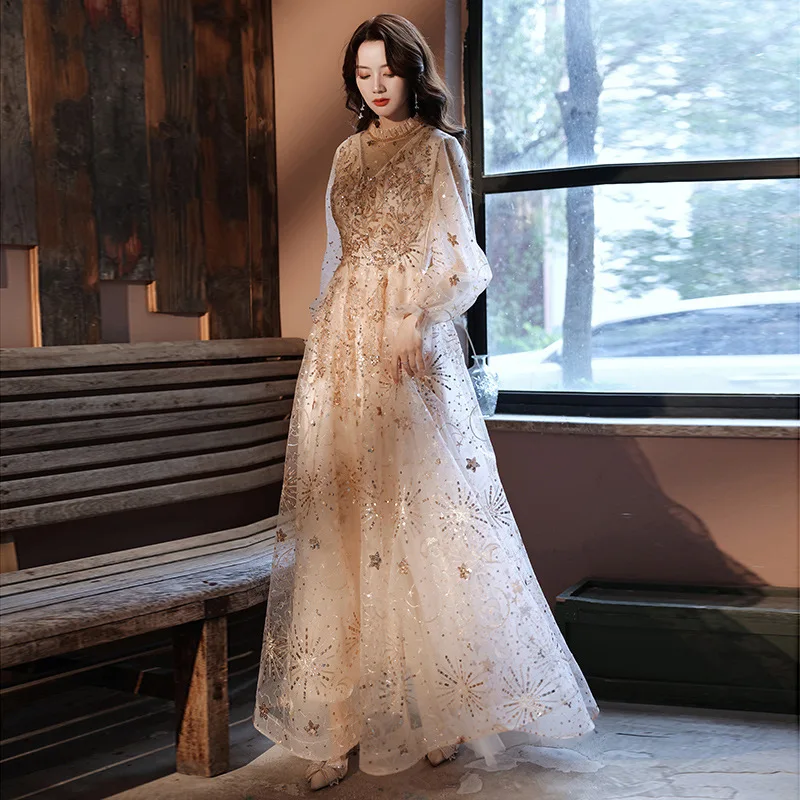 

Champagne Evening Dresses Women Elegant Long Sleeve Sequins Beaded Prom Gown Female Performance Banquet Dress