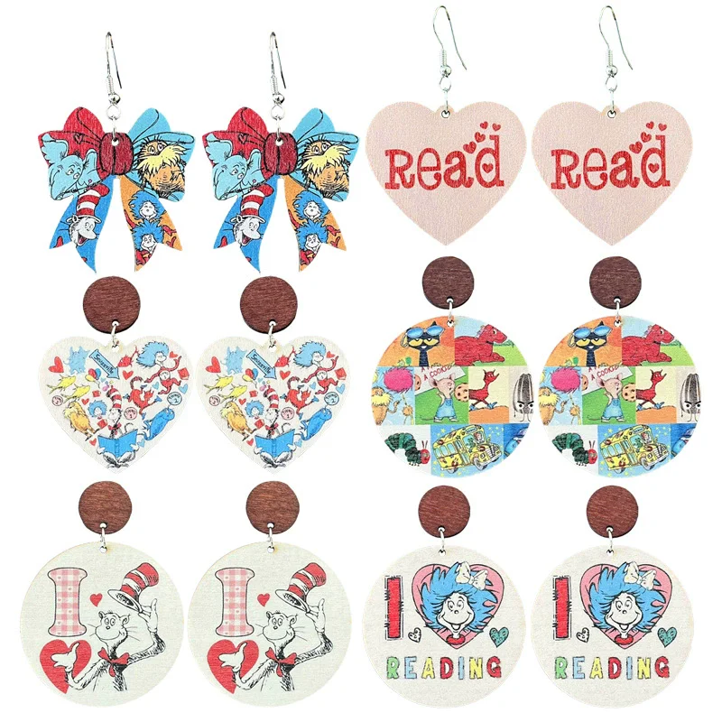 New Valentine's Day Teacher's Day Theme Earrings Cartoon Text Wooden Earrings Colorful Bow Popular Eardrop Decoration Gift