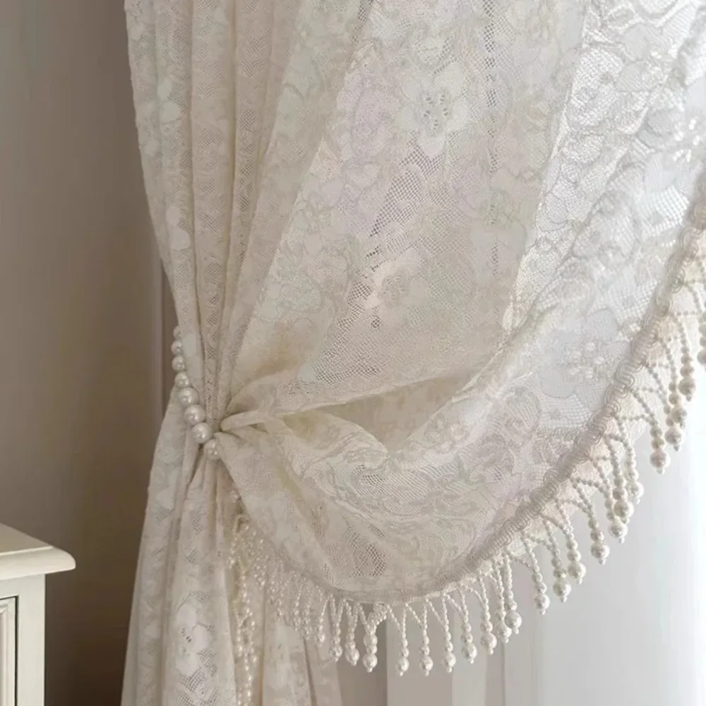 New Cream Lace Embroidered Screen Curtain Pearl Lace Curtains for Living Room Bedroom French Window Balcony Window Customized