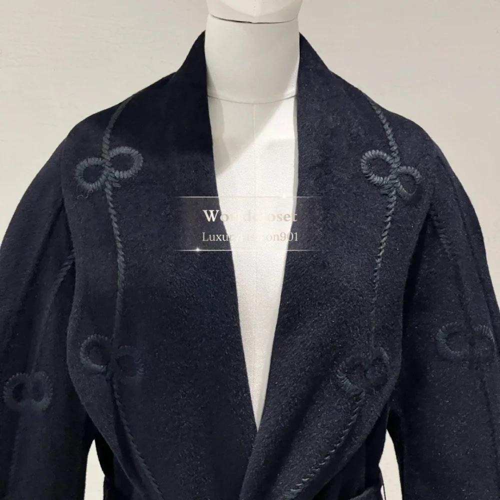 

Куртка 2025 г., новое темно-синее двустороннее шерстяное пальто с длинными рукавами и лацканами с вышивкой