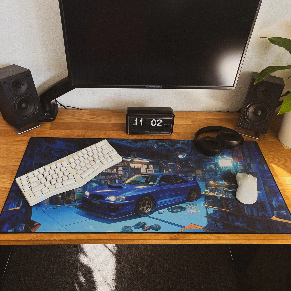 

Neon Tech Garage desk mat: Blue Retro Ride Amidst Glowing Futuristic Tools, Blending Vintage Speed with Sci-Fi Cool