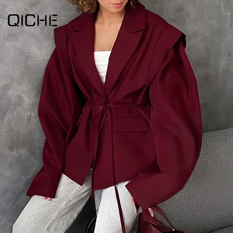QICHE Women 2026 Summer European Elegant Commuter Solid Tie Waist Lapel Blazer Outerwear