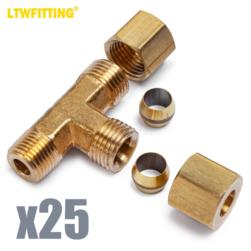 LTWFITTING Brass 1/4 Inch OD x 1/4 Inch OD x 1/8-Inch Male NPT Compression Run Tee Fitting(Pack of 25)