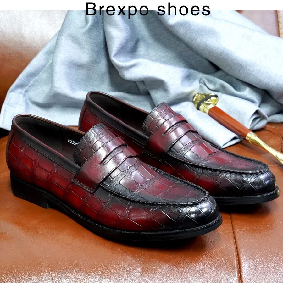 Men\'s Genuine Leather Penny Loafers Slip on Crocodile Pattern Handmade Leather Shoes Red Wedding Office Dress Men\'s Shoes