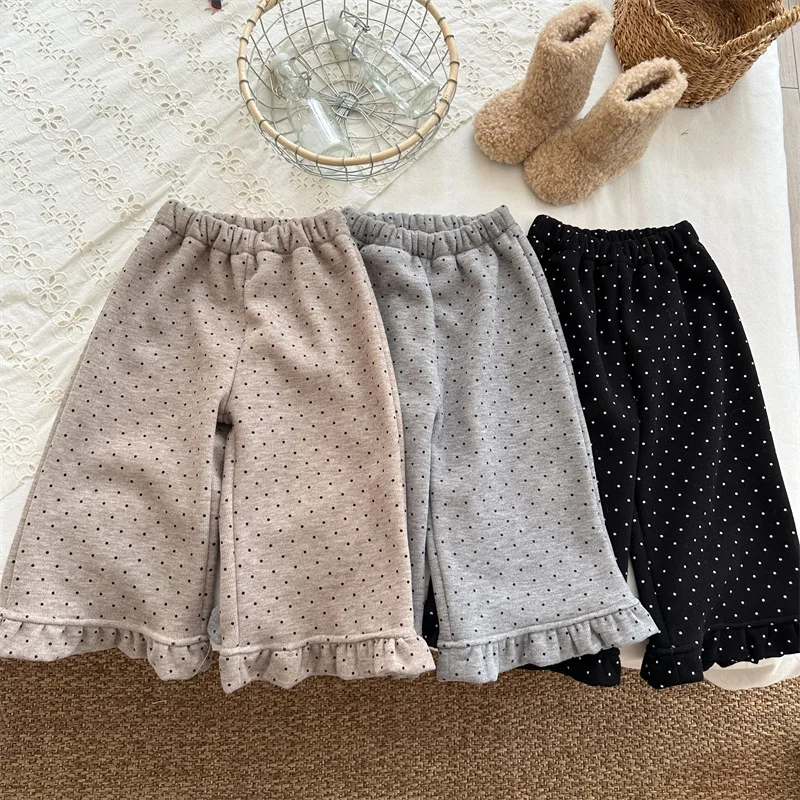 

Children Pants 2025 Winter New Children's Polka-dot Wooden Ear Straight Pants Plus Velvet Baby Girl's Trousers