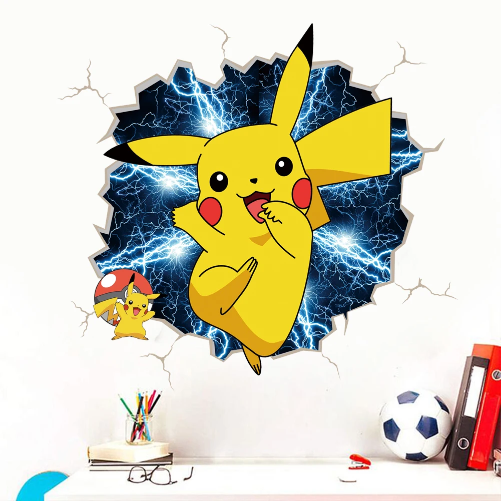 3D Broken Wall Cartoon Pikachu Wall Sticker For Kids Room Living Room Bedroom Wall Decoration Gifts For Kids Movie Poster