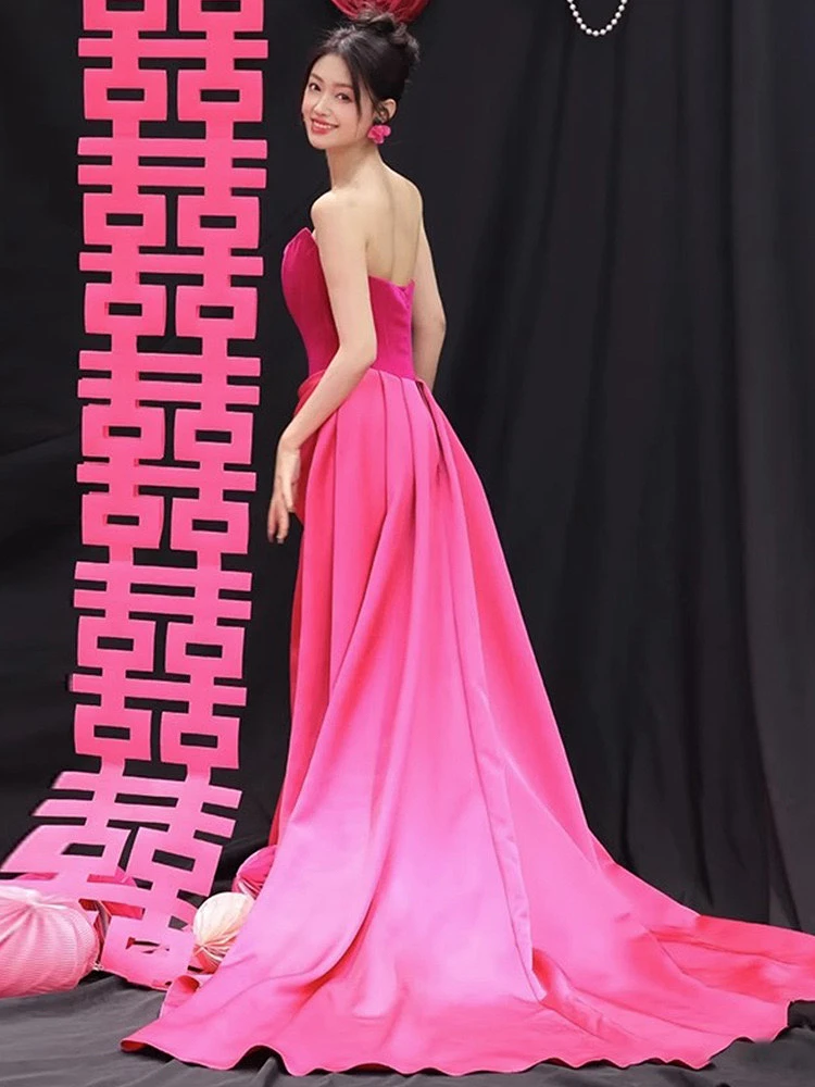 Rose Strapless Vestidos de noite, Trem de cetim, Draped lindo A Line Backless, Festival Party, Prom Gowns, Novo, 2024