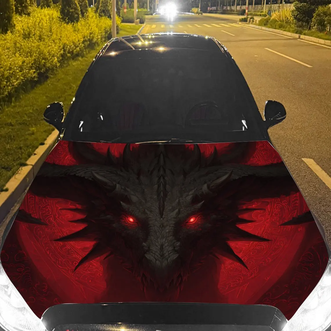 

Red - Background Blazing Black Dragon Car Vinyl Wrap, PVC Material Waterproof Car Hood Sticker, Self-Adhesive Scratch-Resistant