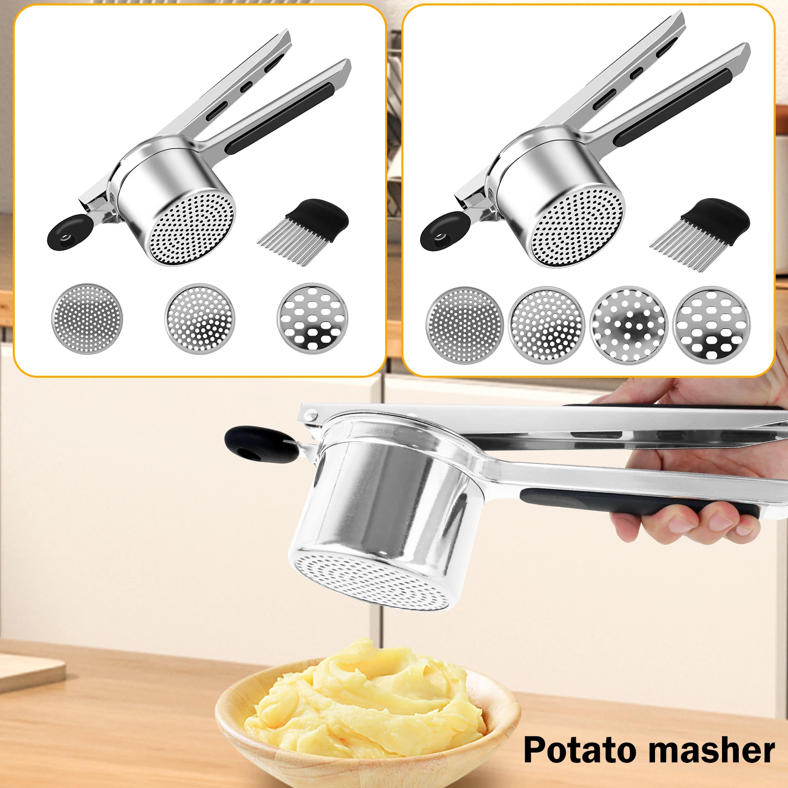 Potato Ricer Set Stainless Steel Potato Masher with 4/3 Removable Discs and Knife Manual Food Masher with Non Slip Handle