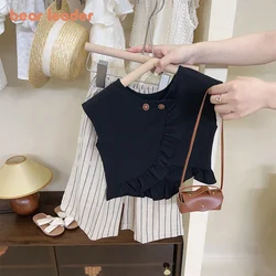 Bear Leader 2024 summer new girls' suit crew-neck pleated vest + striped pants two-piece suit children's fashion clothing