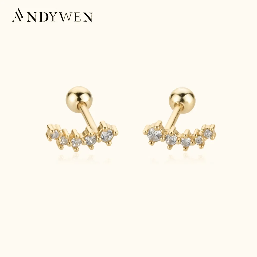 ANDYWEN 100% 925 srebro złoto pięć przezroczysta cyrkonia CZ Piercing Pendiente klipy Stud kolczyk Tiny kobiety Fine Jewelry