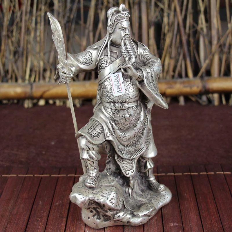 Antique Miscellaneous Copperware, White Copper, Study Room Home Decor, Exquisite Craft, Standing Guan Gong with Knife