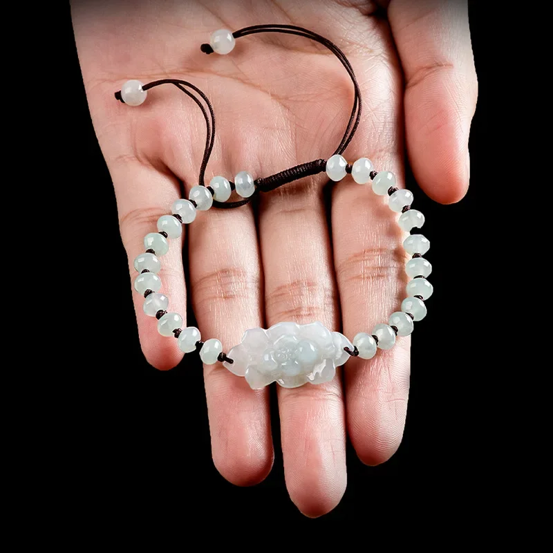 Mai Chuang/ Hand-carved/ Myanmar Natural Ice A+ Jade Lotus Abacus Bead Braided Bracelet Jade Bracelet Couple Girls Gift