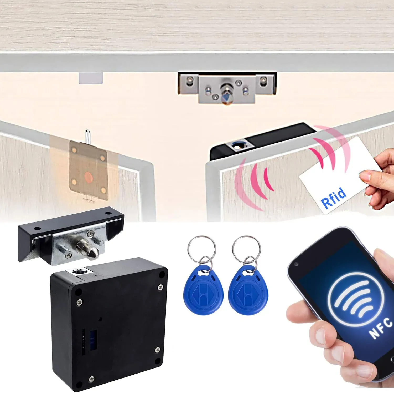 

Electronic Cabinet Lock Smart NFC RFID Locks Hidden DIY Cabinet Lock with Slide Latch Lock for Double Door Cabinet Drawer Wood