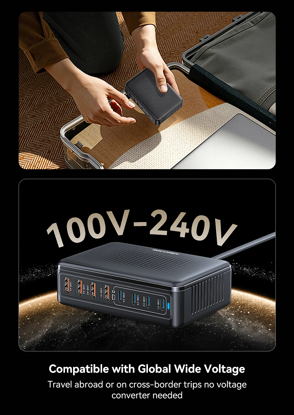 Rocoren 200W GaN-Ladegerät 8-in-1 Desktop-Schnellladegerät für iPhone 18 17 Pro Max Samsung USB Typ-C Ladegerät Tragbare Powerstation – Detail 25