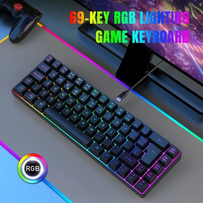 

Membrane Gaming Keyboard Corded 68 Key RGB Backlits Keycap Multicolors 68 Key Spanish Keyboard for Laptops